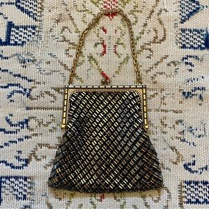 Vintage Whiting & Davis Purse 30s 40s Evening Bag Black Gold Mesh Metal Deco
